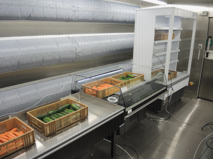 Dispositif expérimental pour un essai réfrigération et humidification des légumes ; ambiance, bac réfrigéré et meuble mural réfrigéré